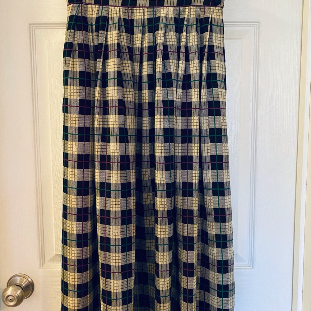 Black and Tan Plaid Maxi Skirt with Pleats